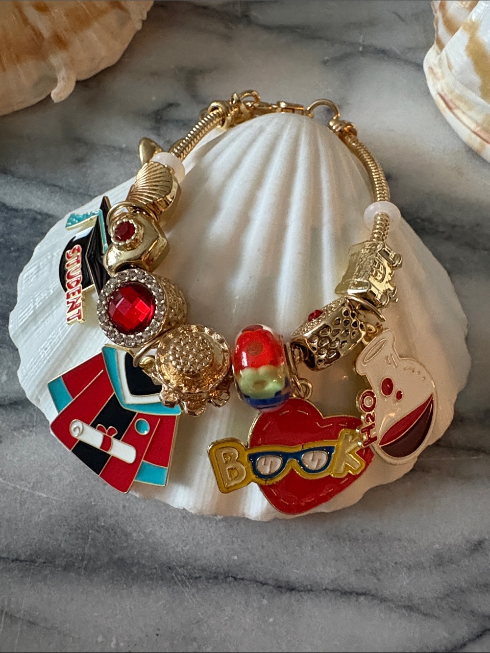Gold-Tone Women's Charm Bracelet with Red & Multicolor Accents